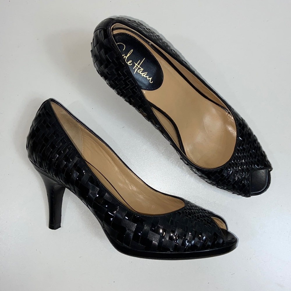 Cole Haan I Black Woven Leather Open Toe Heels 10